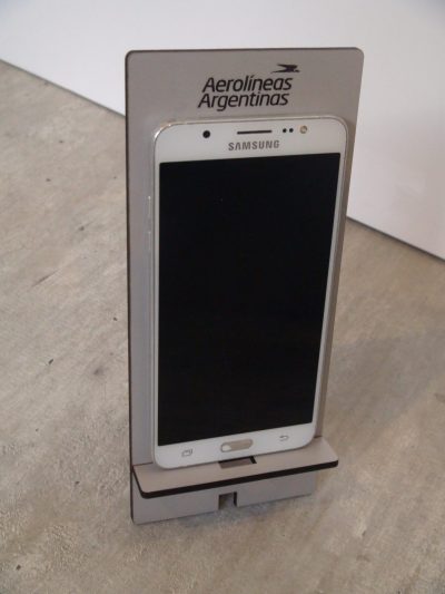 soporte telefono celular - Fibroplus color blanco con grabado laser